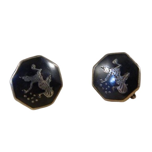 Vintage Siam Sterling Silver Screw Back Earrings Thailand Niello Dancer Earrings - Picture 7 of 7